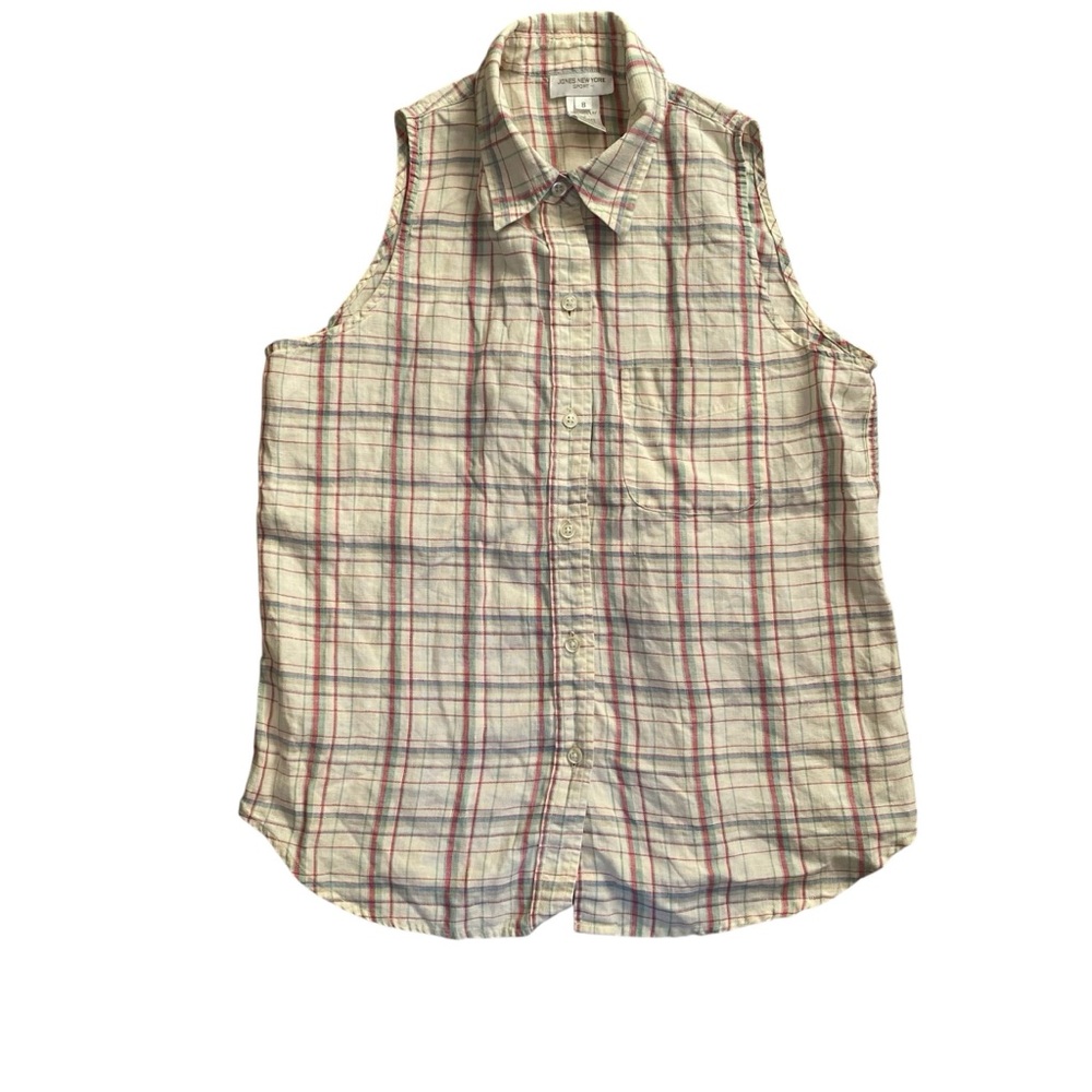 Jones New York Sport VTG Linen Plaid Sleveless Fisherman Blouse Women’s Size 8 - Picture 4 of 9